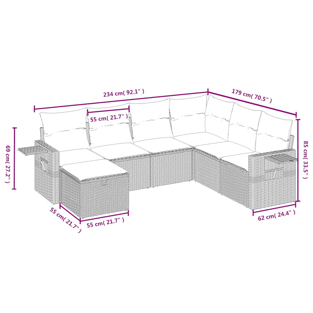 vidaXL 7-delige Loungeset met kussens poly rattan zwart