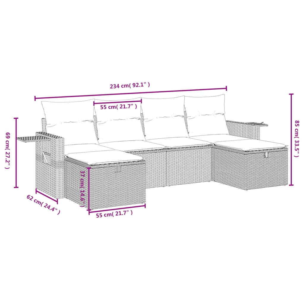 vidaXL 6-delige Loungeset met kussens poly rattan zwart