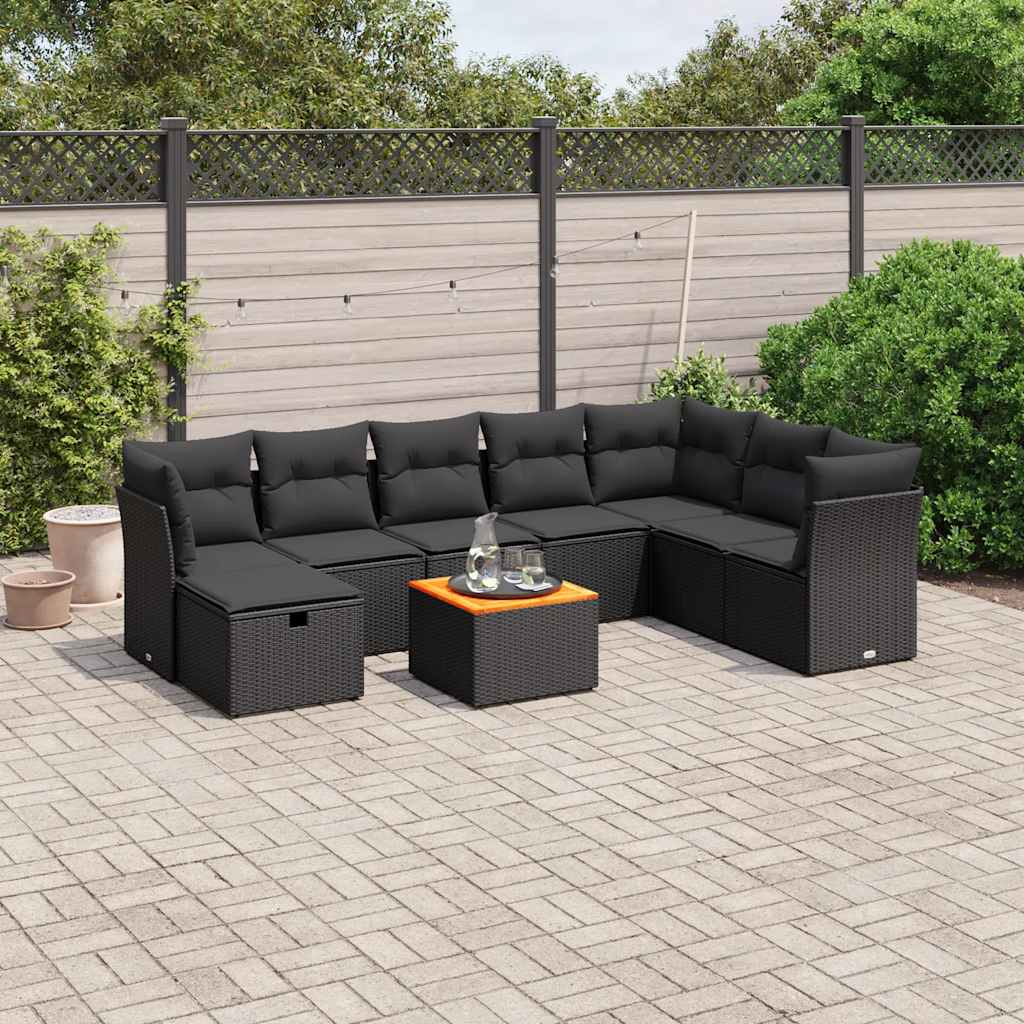 vidaXL 9-piece Garden Lounge Set with Cushions Poly Rattan Black