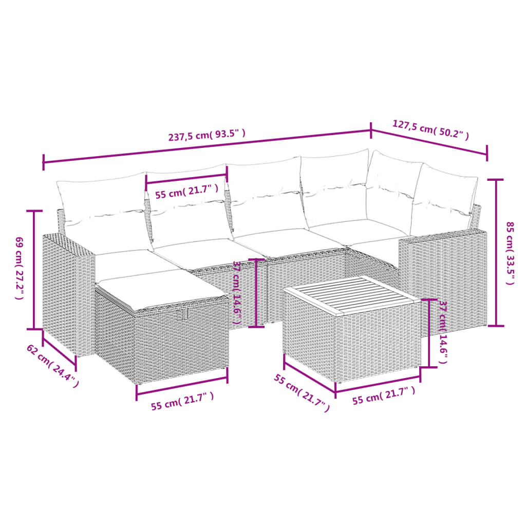 vidaXL 7-delige Loungeset met kussens poly rattan zwart