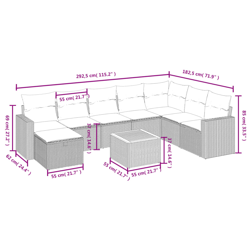 vidaXL 9-piece Poly Rattan Lounge Set with Cushions Black