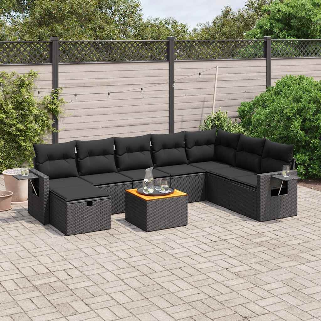 vidaXL 9-delige Loungeset met kussens poly rattan zwart