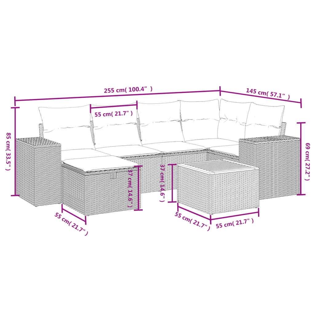vidaXL 7-delige Loungeset met kussens poly rattan zwart