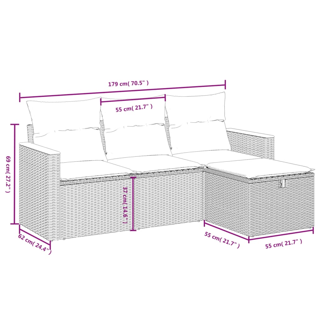 vidaXL 4-delige Loungeset met kussens poly rattan zwart