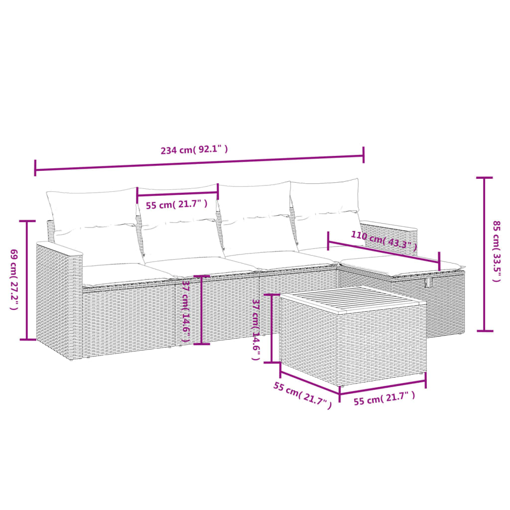 vidaXL 5-delige Loungeset met kussens poly rattan zwart