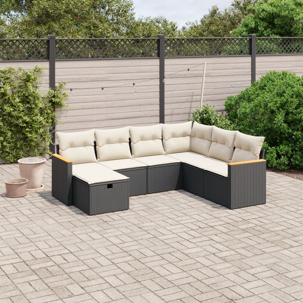 vidaXL 7-delige Loungeset met kussens poly rattan zwart