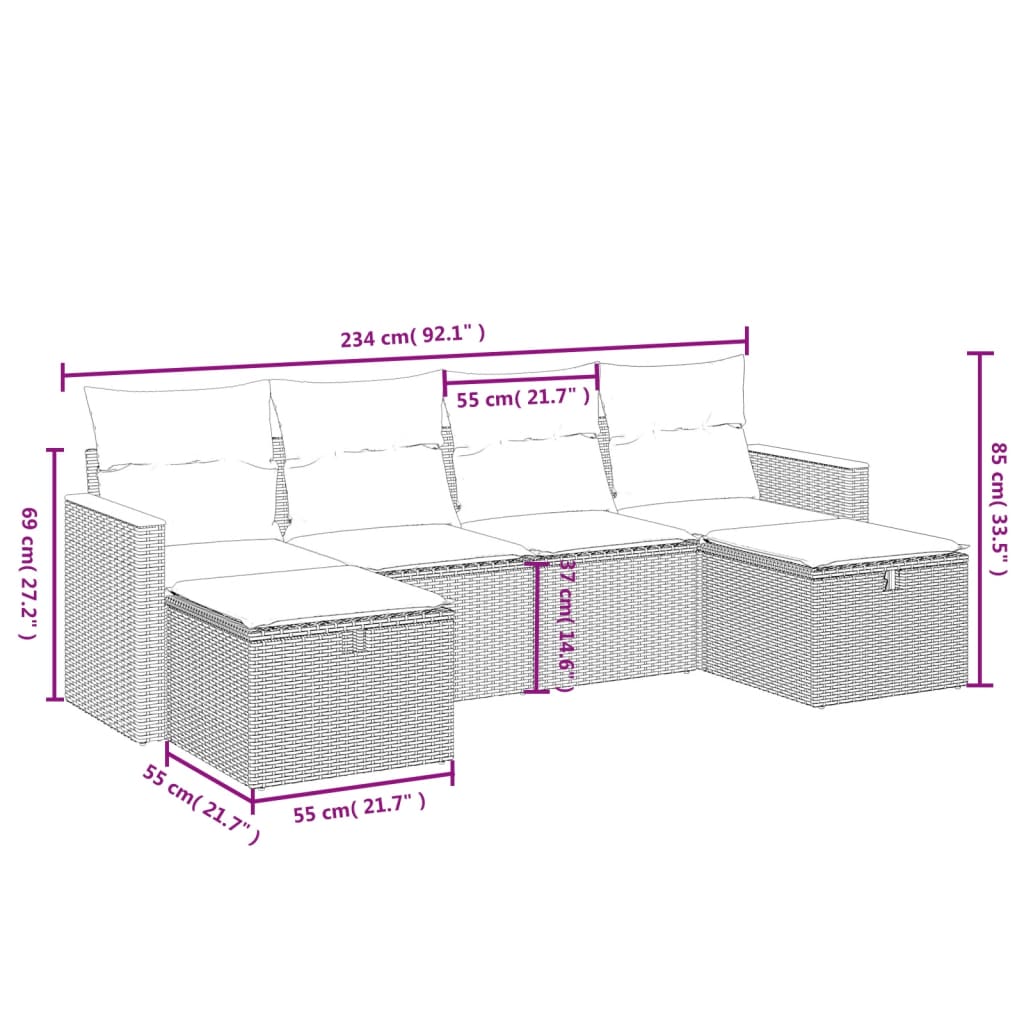 vidaXL 6-Piece Lounge Set with Cushions Poly Rattan Black