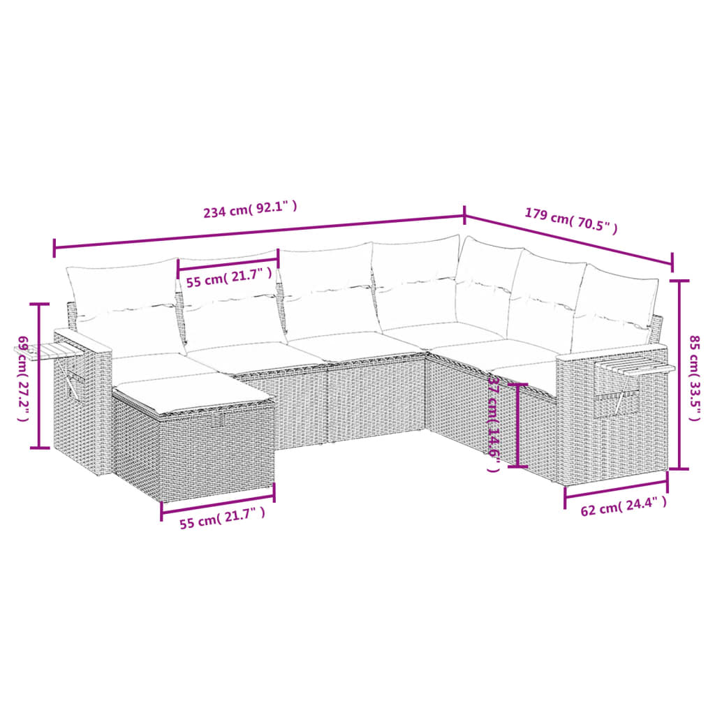 vidaXL 7-delige Loungeset met kussens poly rattan zwart