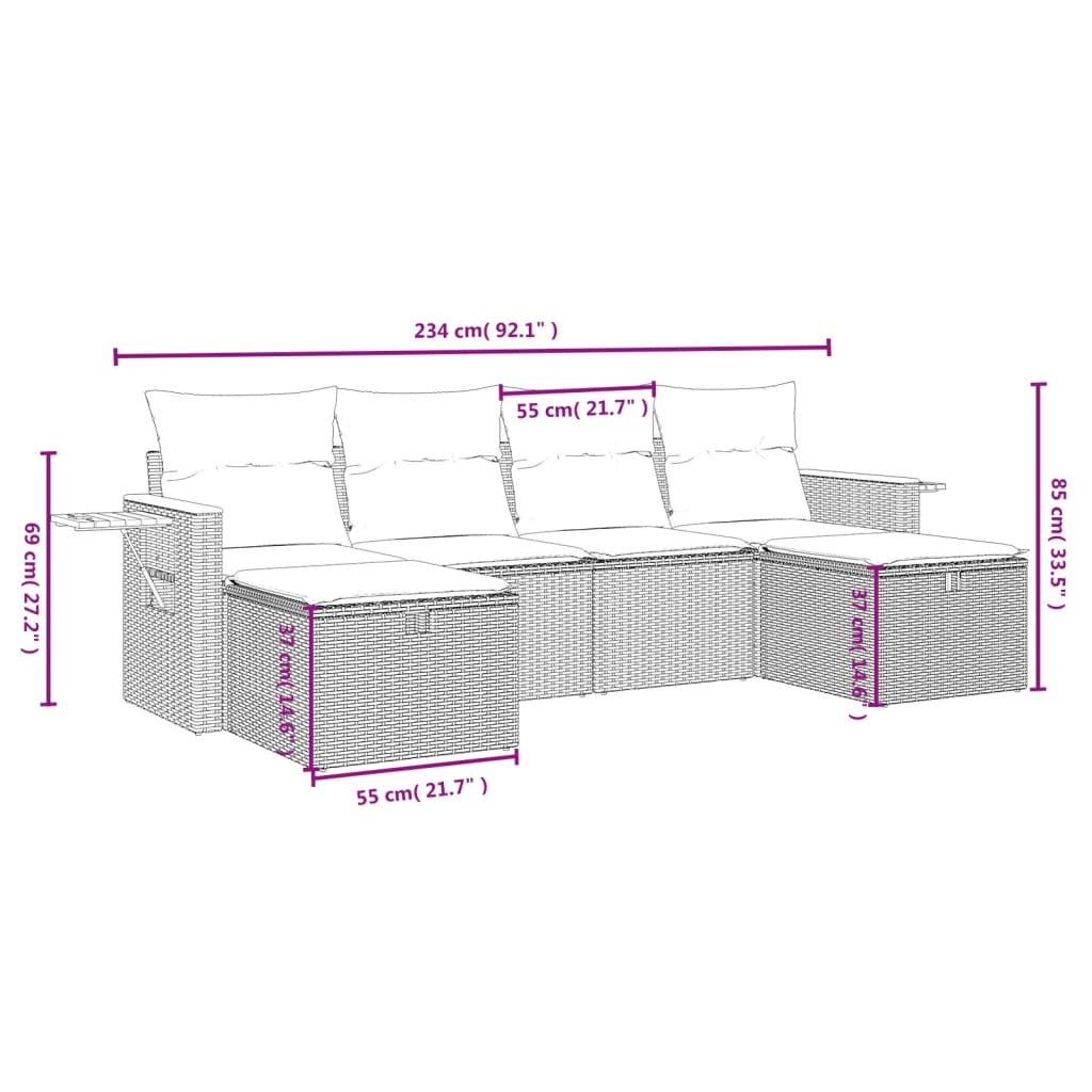 vidaXL 6-delige Loungeset met kussens poly rattan zwart