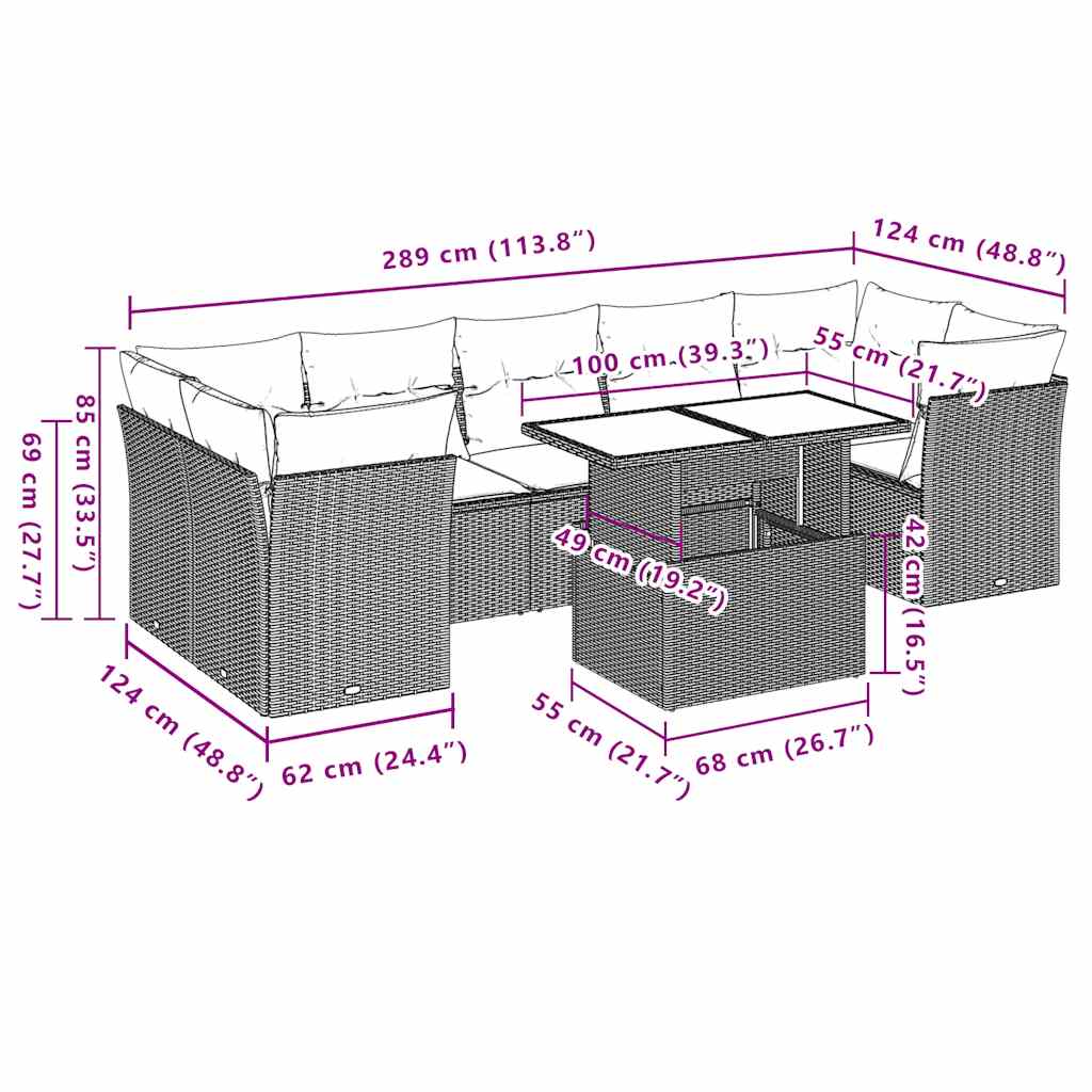 vidaXL 8-delige Loungeset met kussens poly rattan zwart