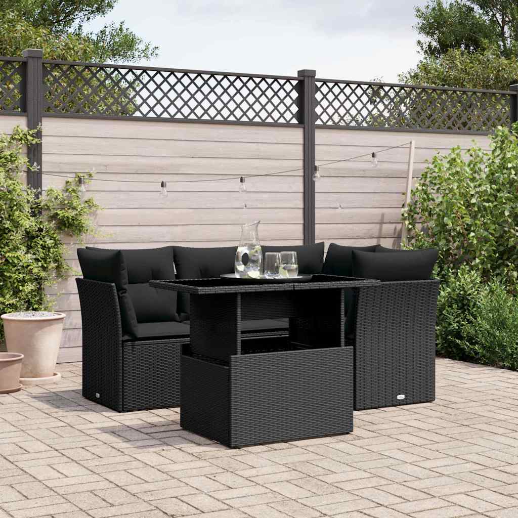 vidaXL 5-delige Loungeset met kussens poly rattan zwart