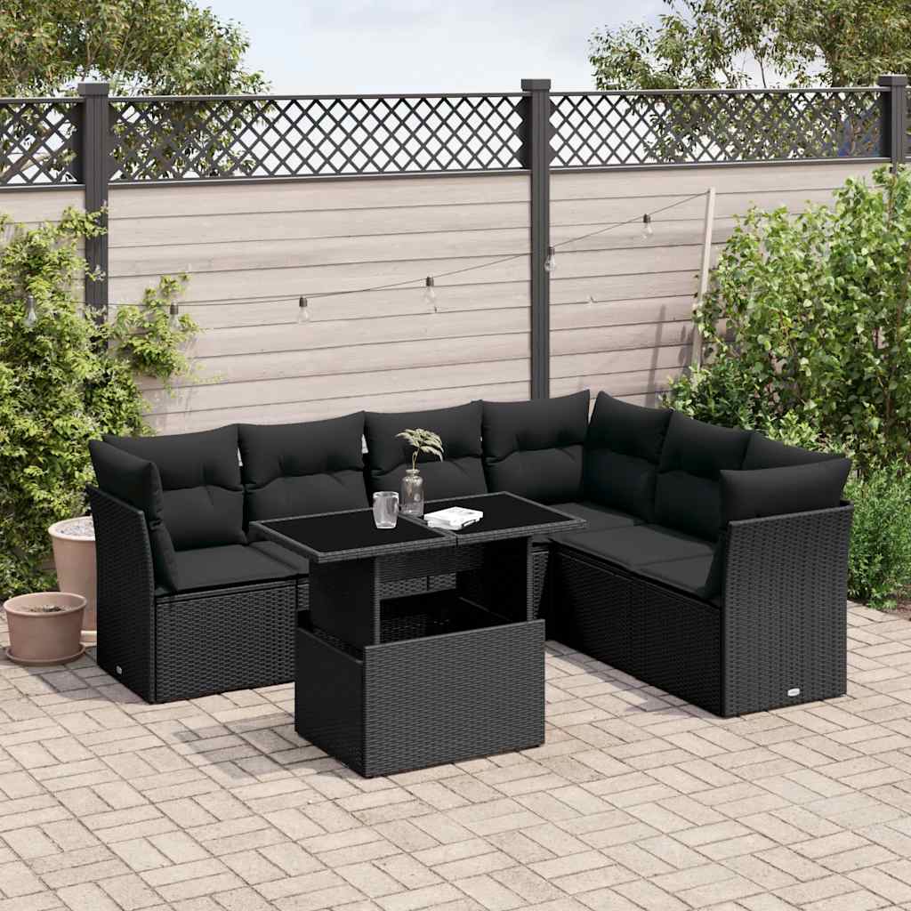 vidaXL 7-Piece Lounge Set with Cushions Poly Rattan Black