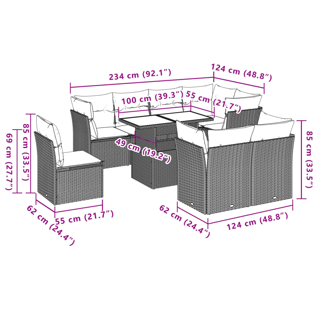 vidaXL 9-delige Loungeset met kussens poly rattan zwart