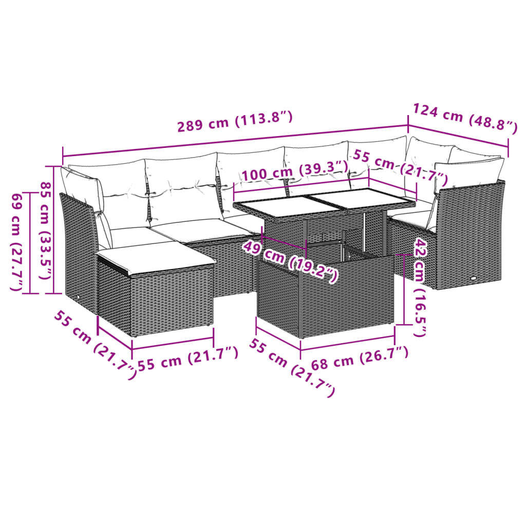 vidaXL 8-delige Loungeset met kussens poly rattan zwart