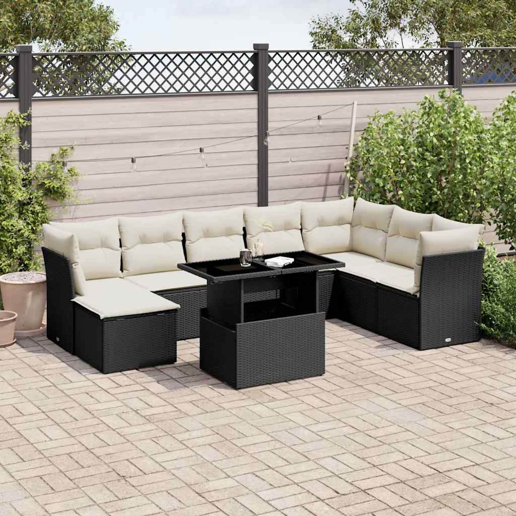 vidaXL 9-delige Loungeset met kussens poly rattan zwart