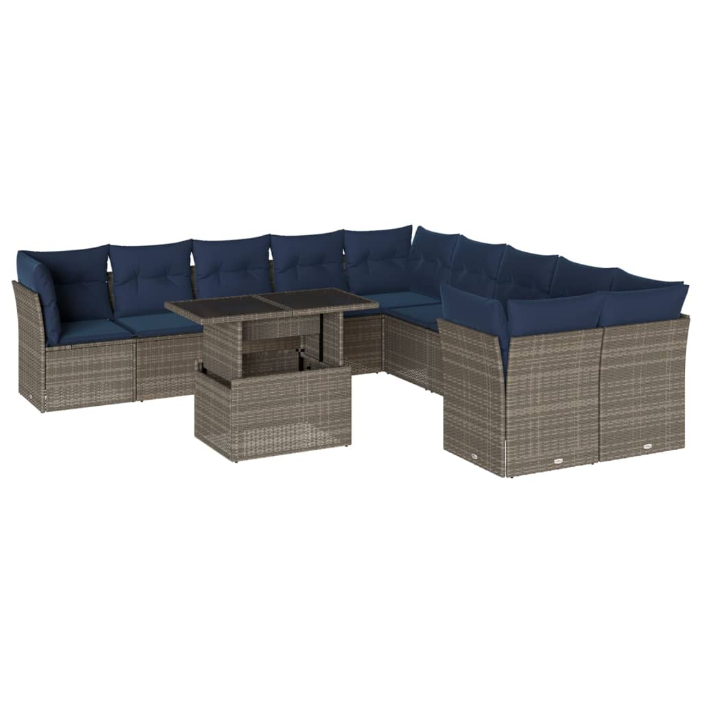 vidaXL 11-delige tuinbankset met kussens, grijs polyrotan