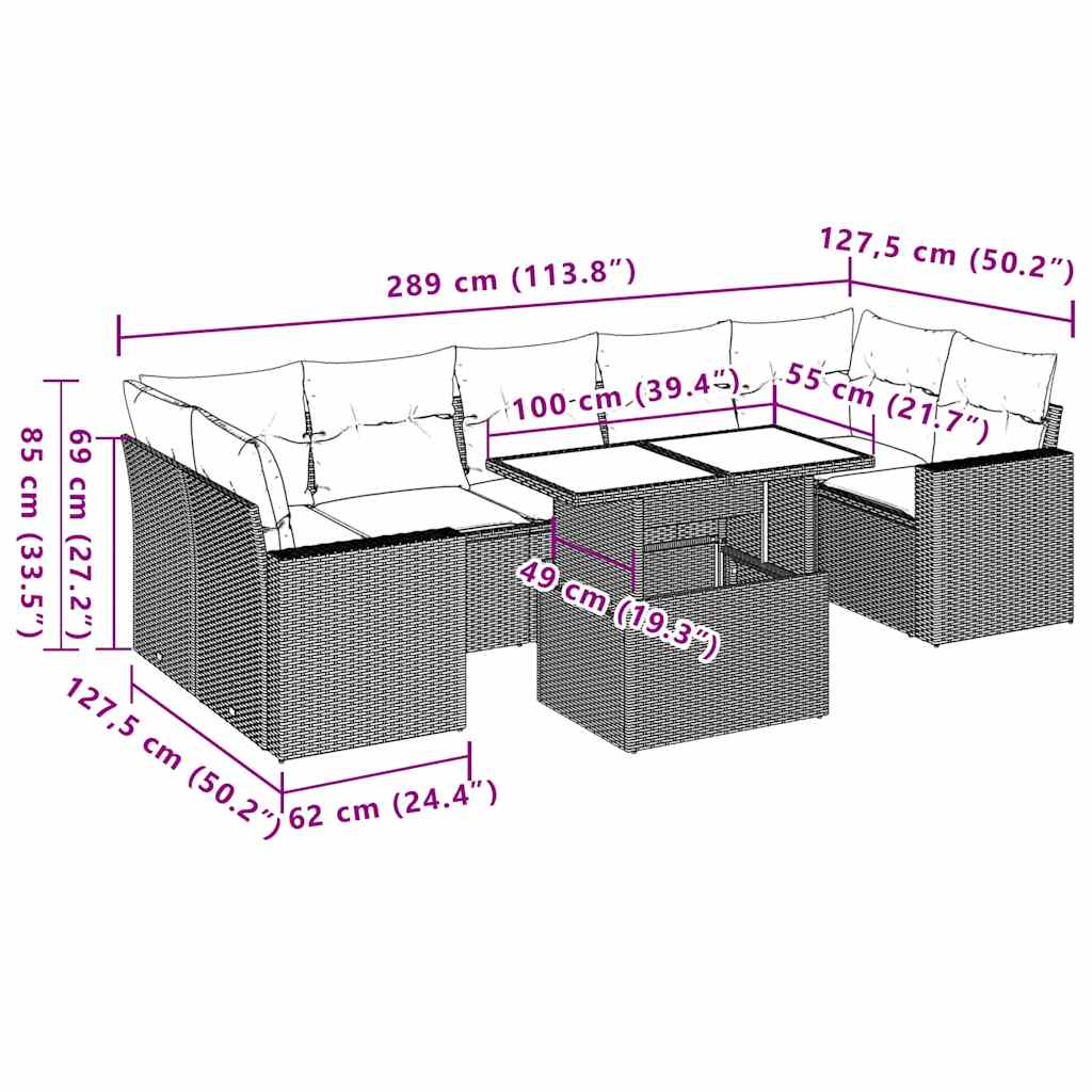 vidaXL 8-delige Loungeset met kussens poly rattan zwart
