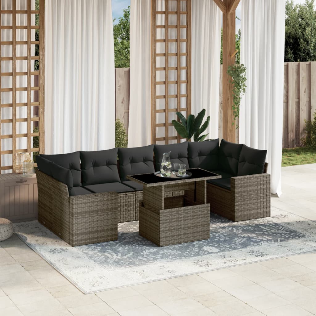vidaXL 8-delige Loungeset met kussens poly rattan zwart
