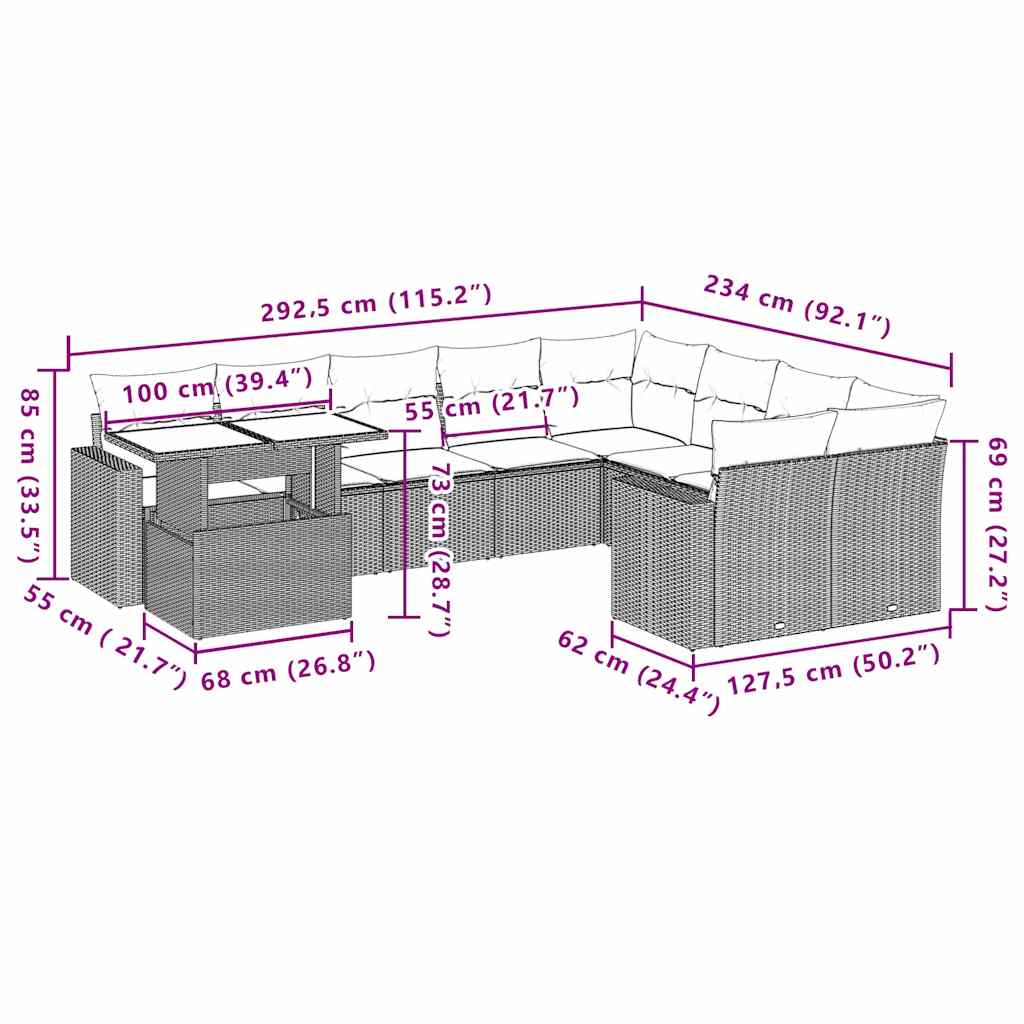 vidaXL 10-delige Loungeset met kussens poly rattan zwart
