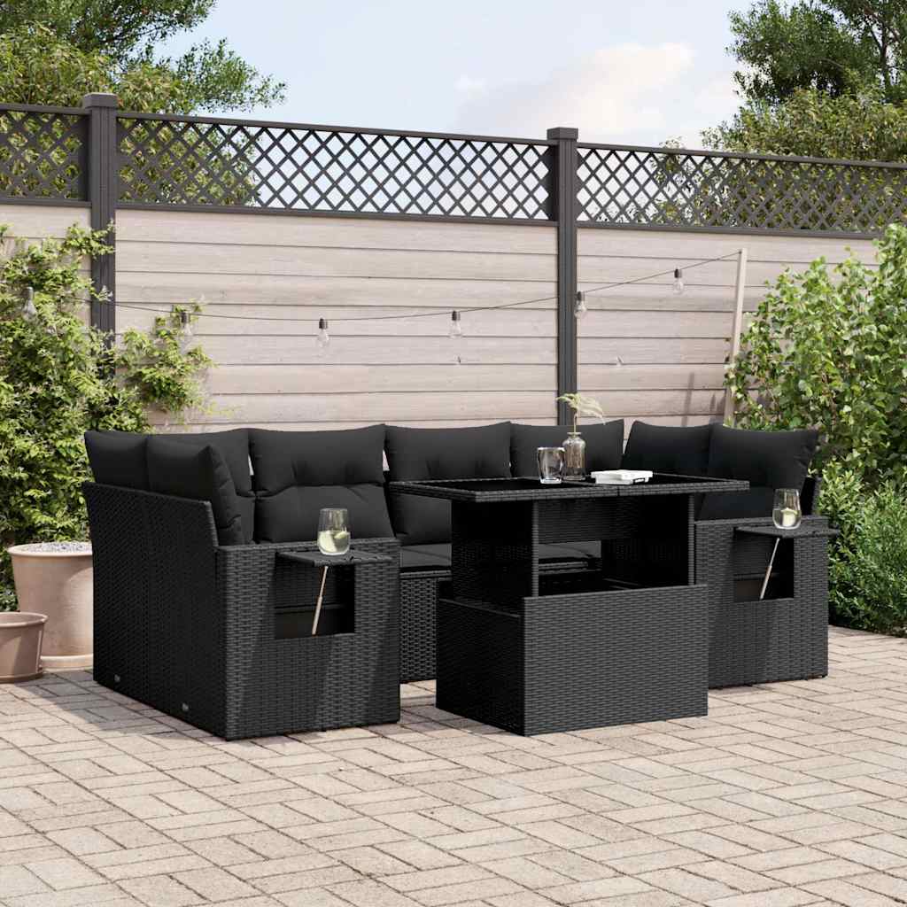 vidaXL 7-delige Loungeset met kussens poly rattan zwart