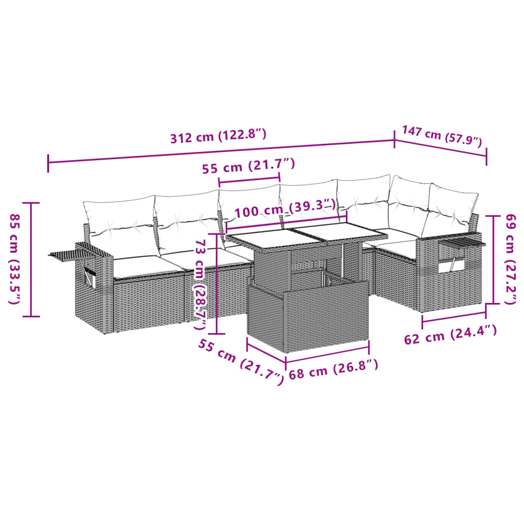 vidaXL 7-Piece Lounge Set with Cushions Poly Rattan Black