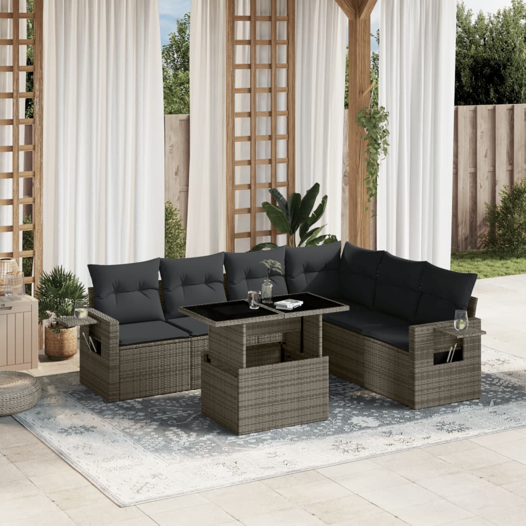 vidaXL 7-Piece Lounge Set with Cushions Poly Rattan Black