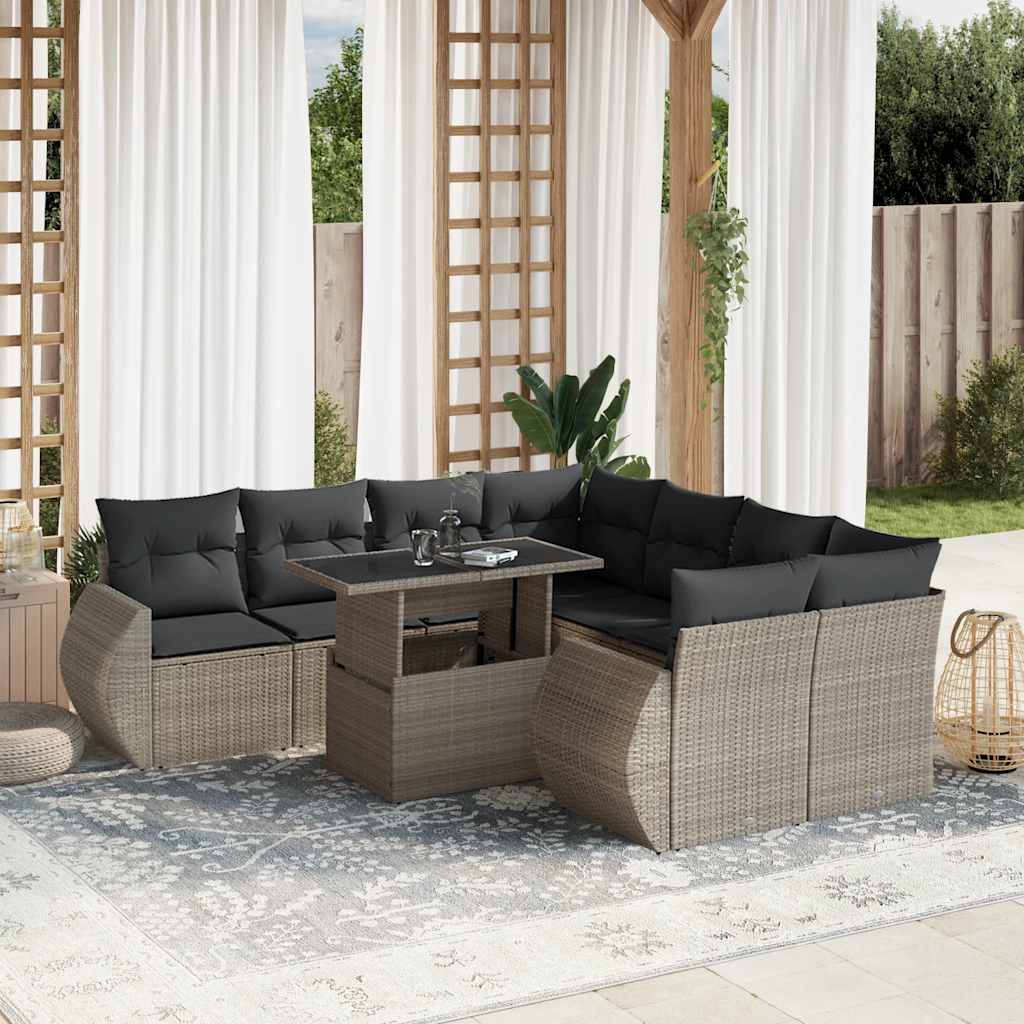vidaXL 9-delige Loungeset met kussens poly rattan zwart