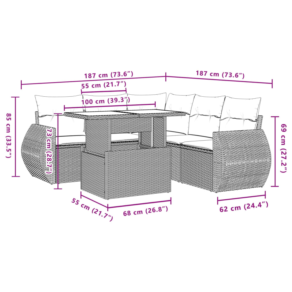 vidaXL 6-delige Loungeset met kussens poly rattan zwart