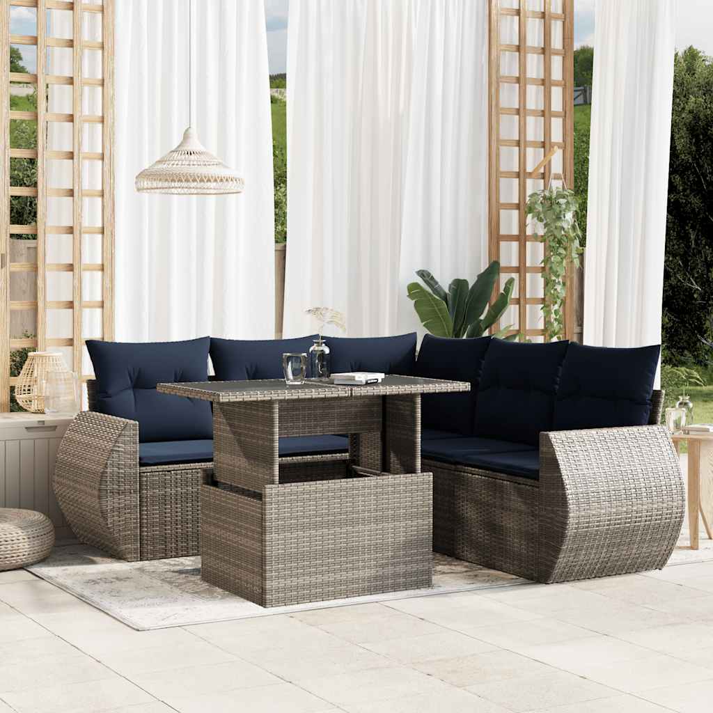 vidaXL 6-Piece Garden Sofa Set with Cushions, Grey Poly Rattan