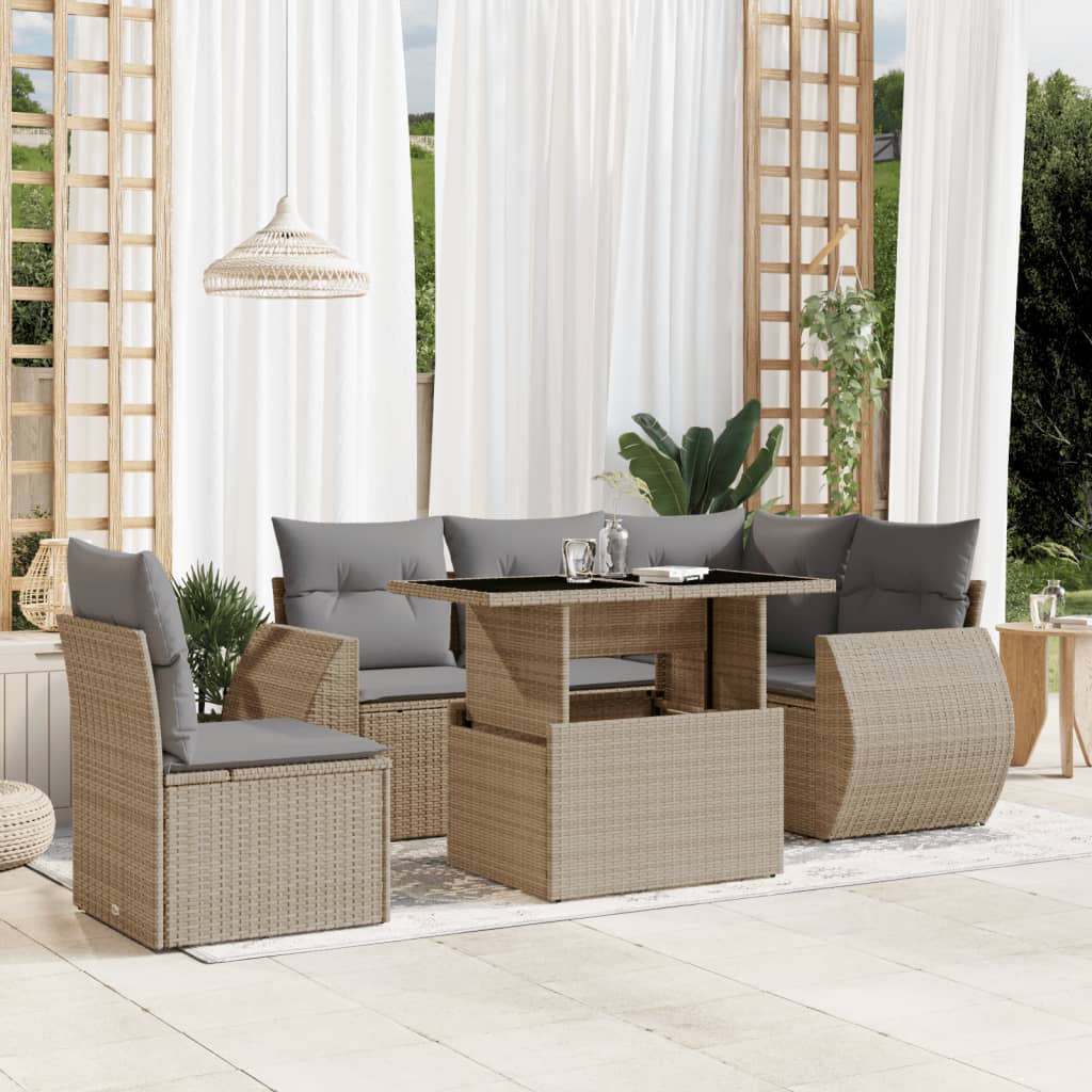 vidaXL 6-delige Loungeset met kussens poly rattan zwart