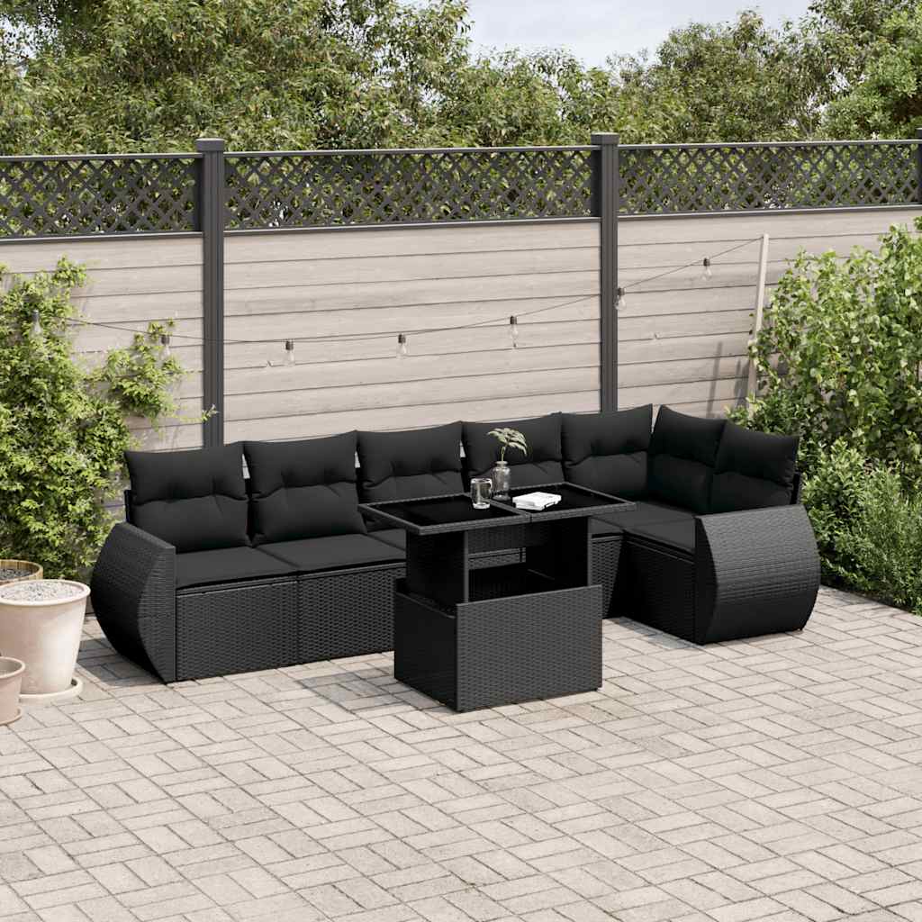 vidaXL 7-delige Loungeset met kussens poly rattan zwart