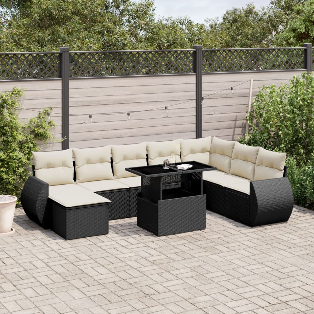 vidaXL 9-delige Loungeset met kussens poly rattan zwart