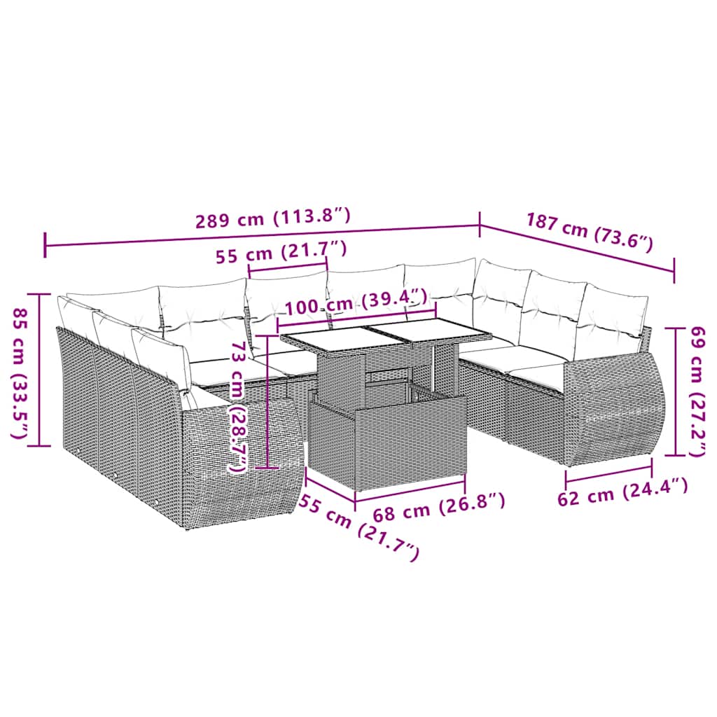 vidaXL 10-delige Loungeset met kussens poly rattan zwart