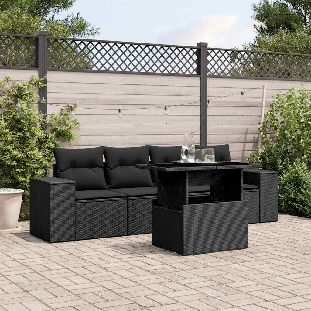 vidaXL 5-delige Loungeset met kussens poly rattan zwart