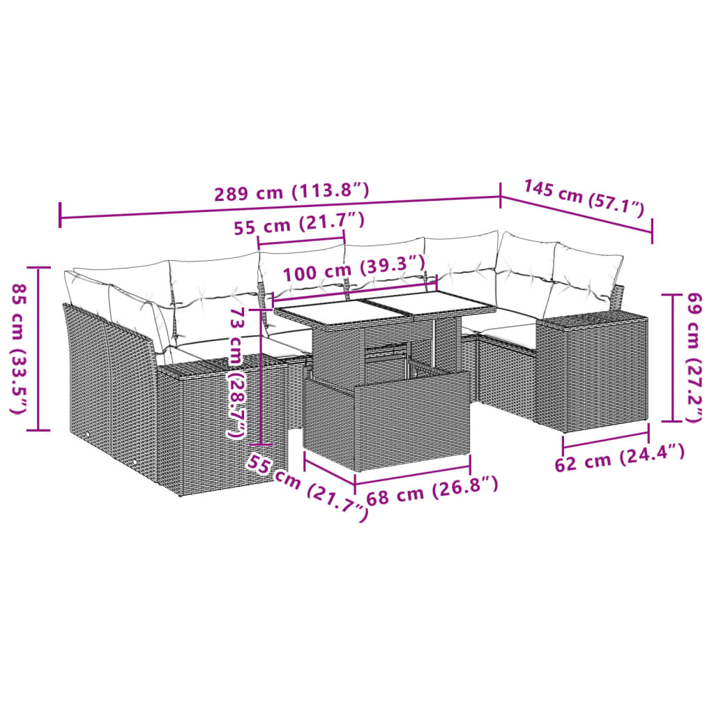 vidaXL 8-delige Loungeset met kussens poly rattan zwart