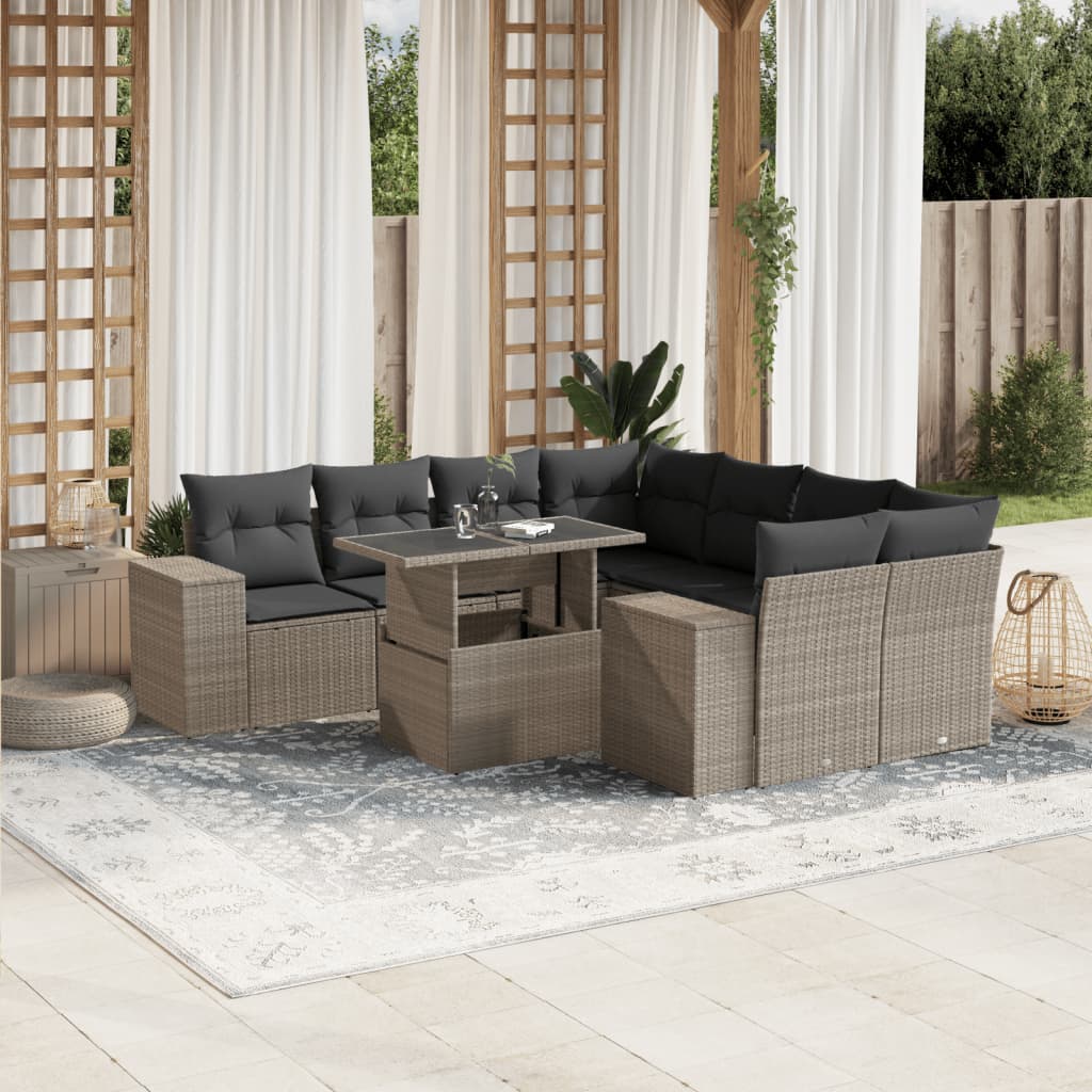 vidaXL 9-delige Loungeset met kussens poly rattan zwart