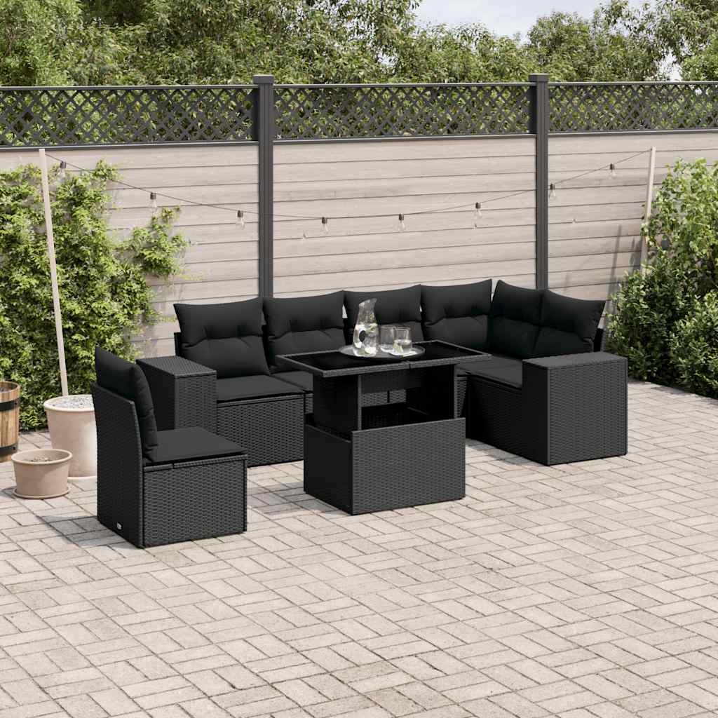 vidaXL 7-delige Loungeset met kussens poly rattan zwart