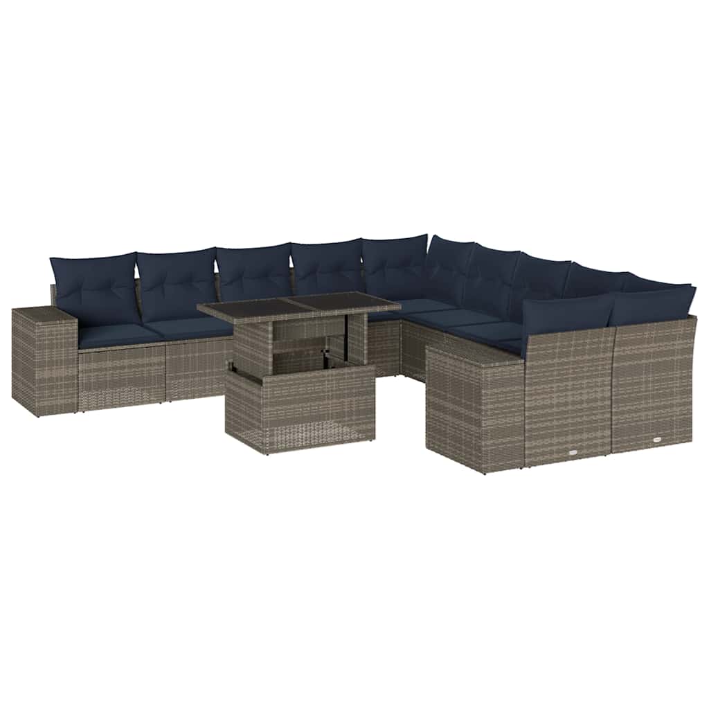 vidaXL 11-delige tuinbankset met kussens, grijs polyrotan