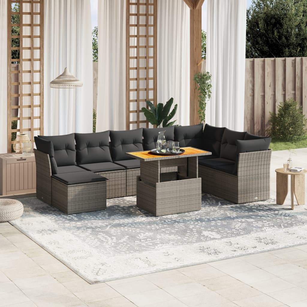 vidaXL 9-delige Loungeset met kussens poly rattan zwart