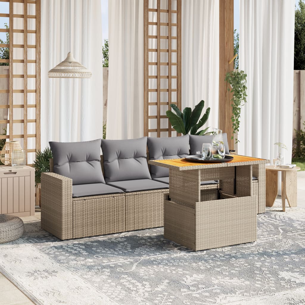 vidaXL 5-delige Loungeset met kussens poly rattan zwart