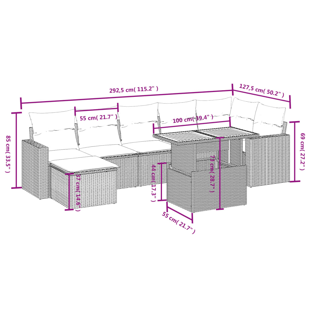 vidaXL 8-delige Loungeset met kussens poly rattan zwart