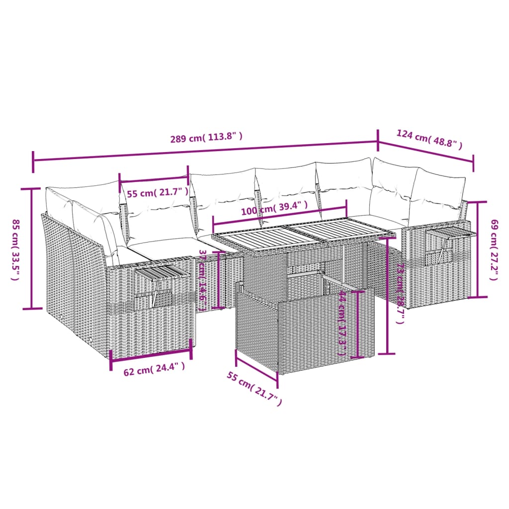 vidaXL 8-delige Loungeset met kussens poly rattan zwart
