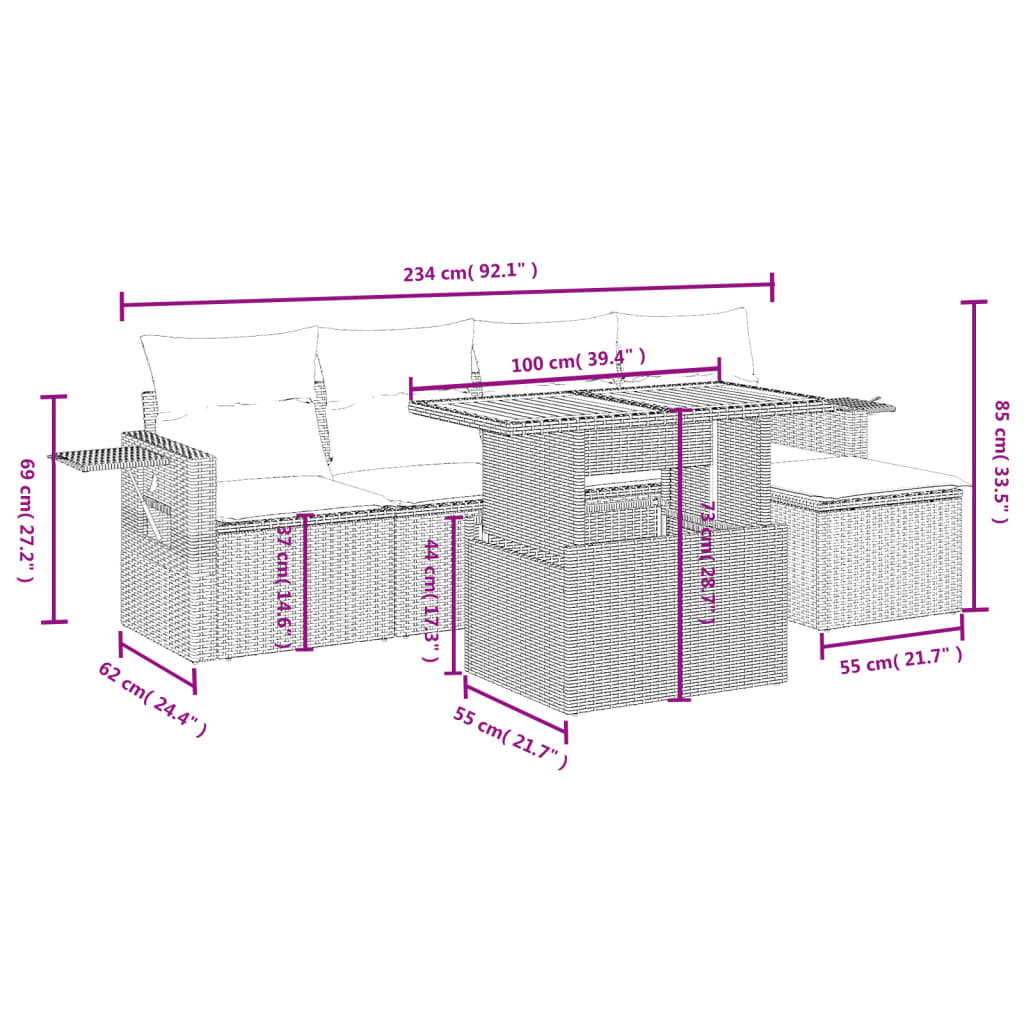 vidaXL 6-delige Loungeset met kussens poly rattan zwart