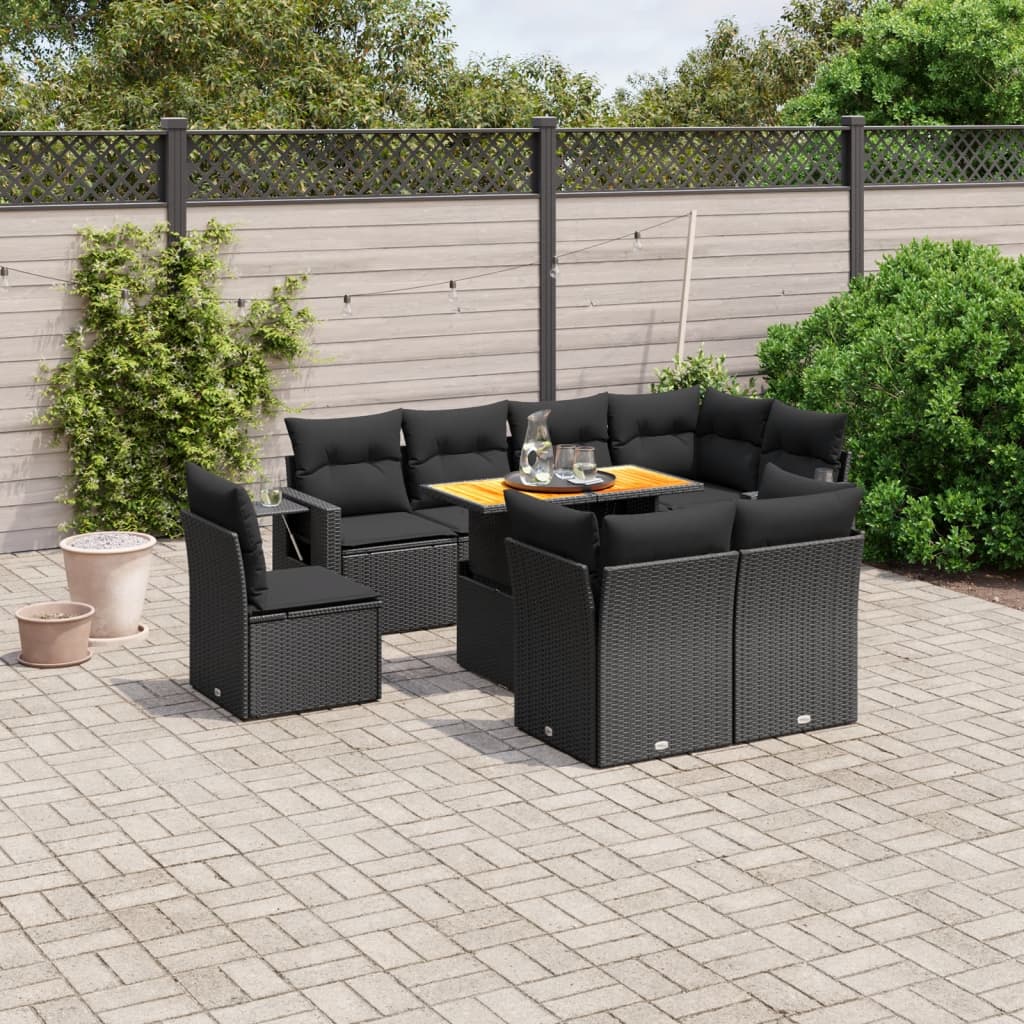 vidaXL 9-delige Loungeset met kussens poly rattan zwart