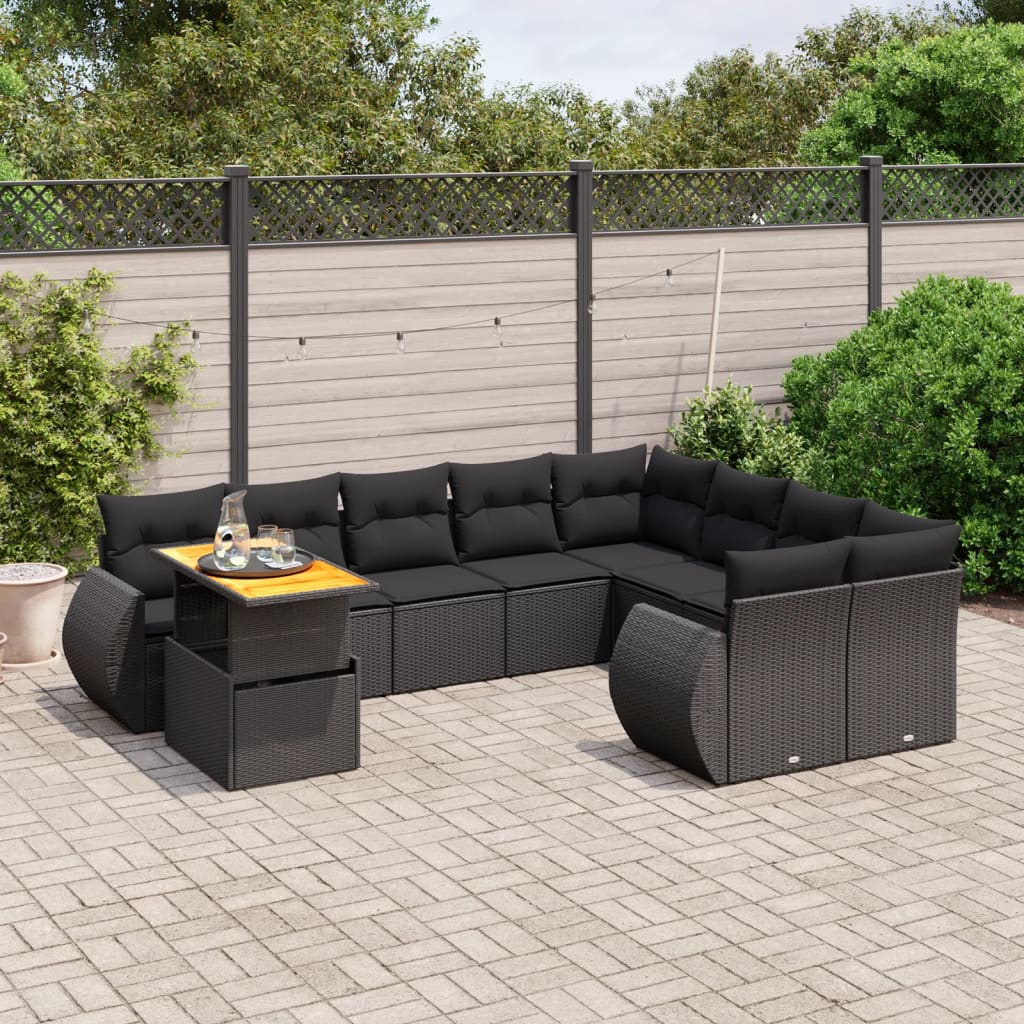 vidaXL 10-Piece Lounge Set with Cushions Poly Rattan Black