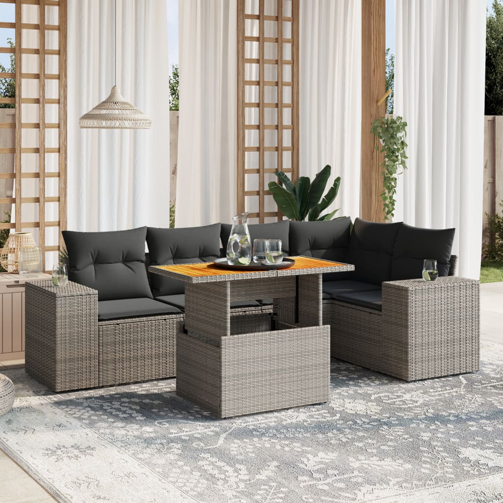 vidaXL 6-delige Loungeset met kussens poly rattan zwart