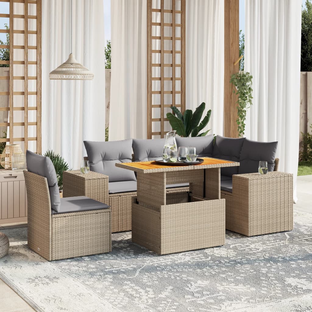 vidaXL 6-delige Loungeset met kussens poly rattan zwart