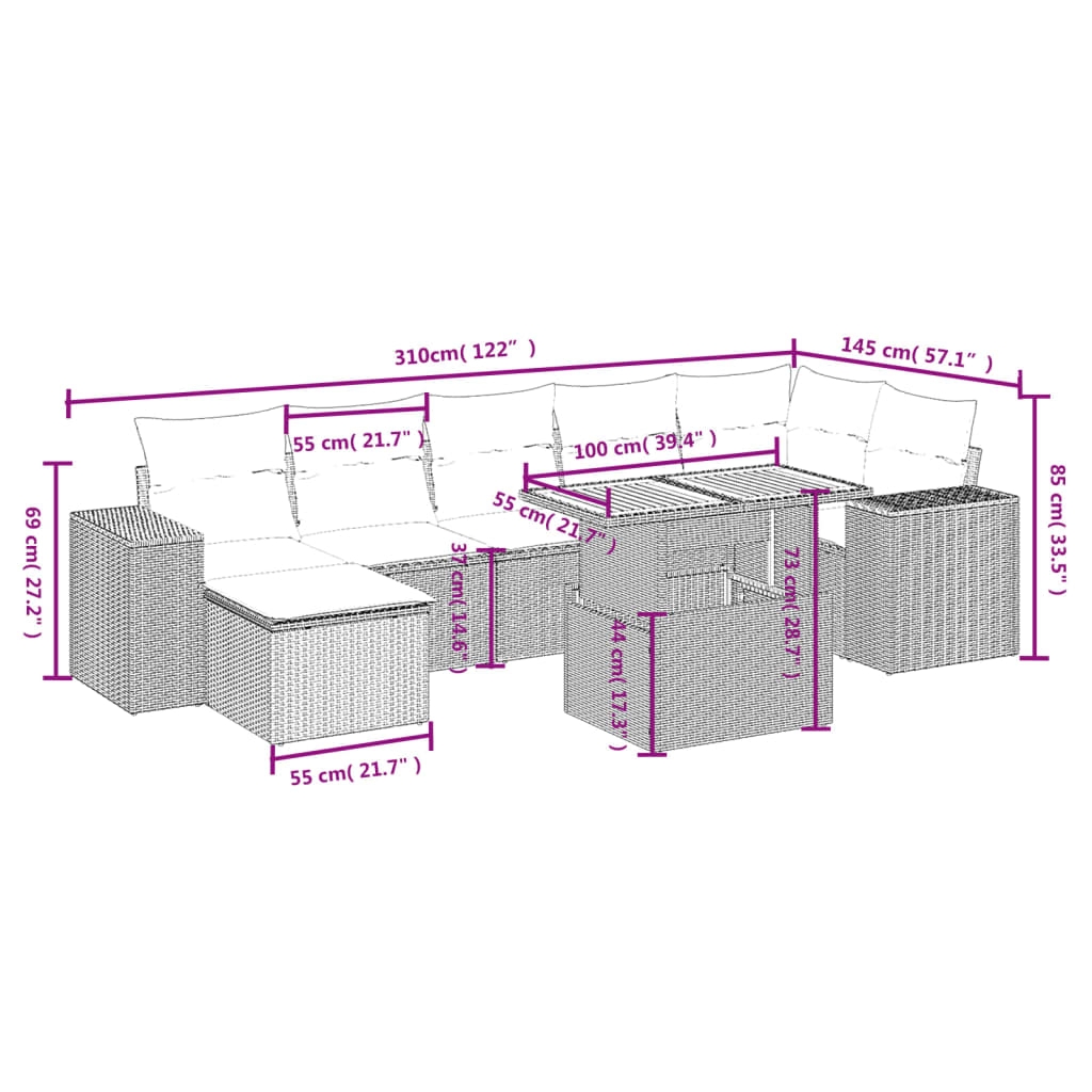 vidaXL 8-Piece Poly Rattan Lounge Set with Cushions Black