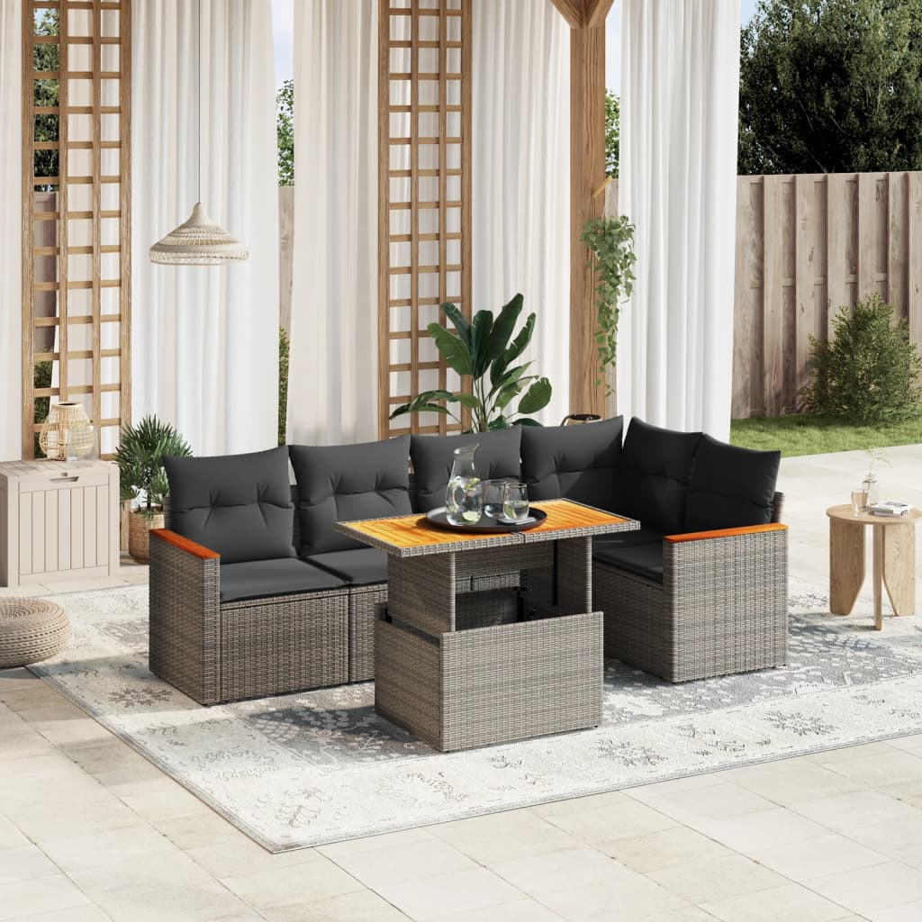 vidaXL 6-delige Loungeset met kussens poly rattan zwart