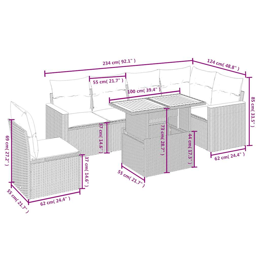 vidaXL 7-delige Loungeset met kussens poly rattan zwart